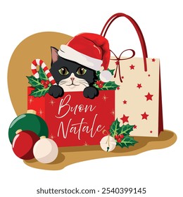 Cute cat inside Christmas gift box in a cartoon style vector illustration