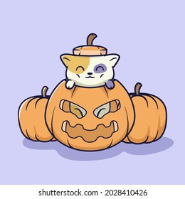 Cute cat inside halloween pumpkin illustration