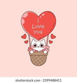 Cute cat inside a heart-shaped air balloon flying through the air for valentine's day 