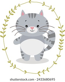Lindo gato dentro de un borde de hojas ovales
