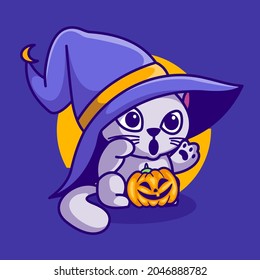 cute cat inside pumpkin halloween vector illustration cartoon icon.