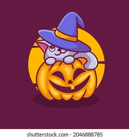 cute cat inside pumpkin halloween vector illustration cartoon icon.