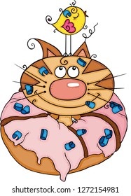 Cute cat inside a strawberry donut with bird
