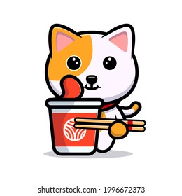 Cute cat with instant noodle cartoon mascot
