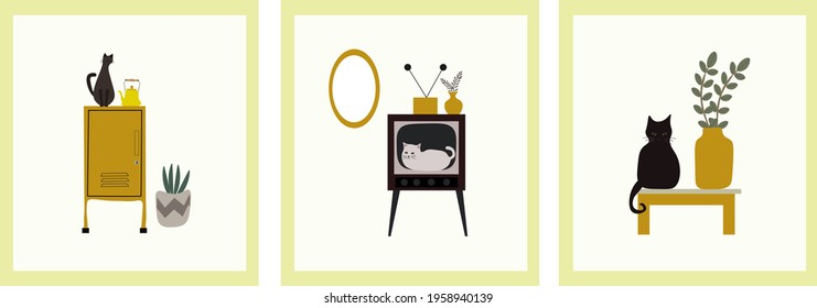 Cute cat and interior home decor wall arts vector collection.Pattern for wall framed prints, canvas prints, poster.vector ilustration.