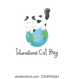 Cute cat international cat day kitten and world watercolor style vector illustration on poster background