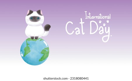 Cute cat international cat day kitten and world watercolor style vector illustration on poster background