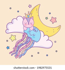 cute cat jellyfish moon clouds cartoon