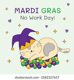 Cute cat in jester hat celebrating Mardi Gras festival. Funny cat illustration with jester hat and carnival beads