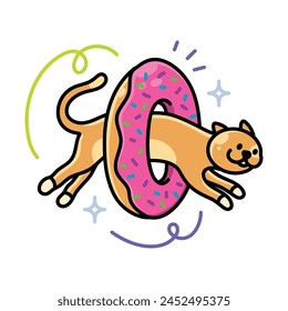 Cute cat jump into donut hole vector illustration