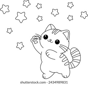 The cute cat is jumping up to catch the stars coloring page.