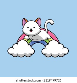 Cute Cat Jumping On Rainbow Cartoon Vector Icon Illustration. Animal Nature Icon Concept Isolated Premium Vector. Flat Cartoon Style