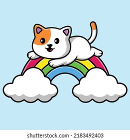 Cute Cat Jumping On Rainbow Cartoon Vector Icon Illustration. Animal Nature Flat Cartoon Concept