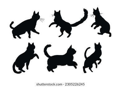 Cute gato saltando el diseño del paquete de siluetas. Diseño vectorial de gatos caseros en un fondo blanco. Gato de pie en diferentes posiciones colección de siluetas. Vector de conjunto de siluetas saltantes felinos.