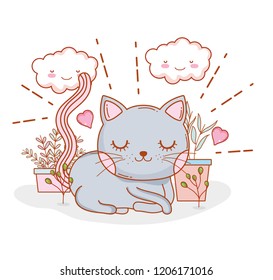 cute cat with kawaii clouds and hearts