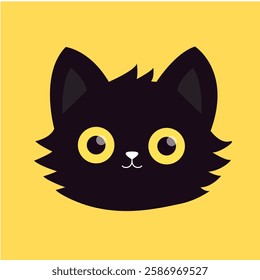 Cute cat. Kawaii face head icon. Kitten with yellow eyes. Black silhouette. Funny pet animal. Cartoon funny character. Childish style. Happy Halloween. Flat design. Yellow background. Isolated. Vector