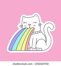 cute cat in kawaii style puking rainbow - sticker on pink