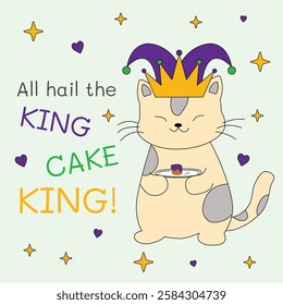 Cute cat king wearing jester crown holding king cake slice. Mardi Gras cat king with jester hat and festive crown