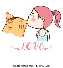 Cute cat kiss young girl, lovely bonding and relationship between animal and human. Adorable cartoon showing love expression of pet and owner. vector illustration.