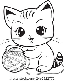 Cute Cat or Kitten with Ball of Wool for Coloring Book, Black and White Cartoon Illustration