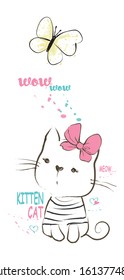 Cute Cat kitten with big bow & butterfly kids vector illustration print for t shirt