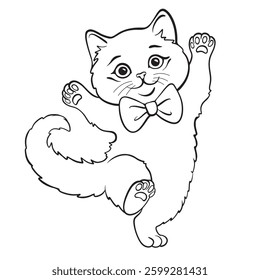Cute cat kitten with a bow is dancing coloring page. For kids coloring book