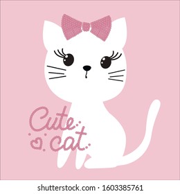 Cute cat kitten with bow from sequins vector illustration for kids clothes