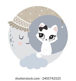 Cute cat kitten cutie kitty baby child on the silver moon. Perfect for baby shower, t-shirt logo, greeting card, poster, invitation or print design