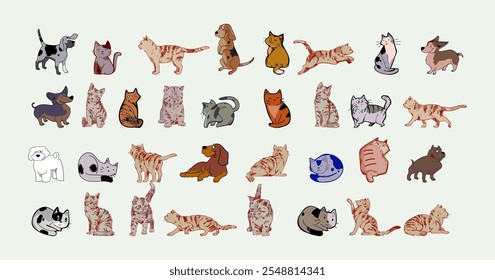 Gato lindo, gatito y perro mascota animal colección Ilustración vectorial. Personaje de colección de animales de dibujo a mano de Antiguas. Aislado sobre fondo blanco.