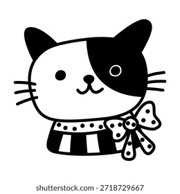 Gatito lindo del gato con el arco salpicado. Ilustración de contorno de Vector infantil dibujado a mano de dibujos animados Doodle aislado sobre fondo blanco. Arte de contorno. Color negro. Retrato