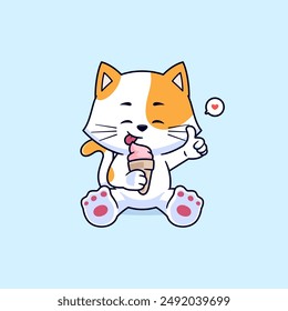 Cute cat kitten eating ice cream vector icon. Food animal concept mascot logo illustration