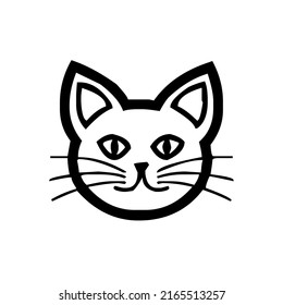 Cute cat, kitten face, domestic animal, pet, design, graphic, vector, illustration in black and white color, isolated on white background