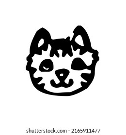 Cute cat, kitten face, domestic animal, pet, design, graphic, vector, illustration in black and white color, isolated on white background