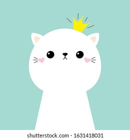 Cute cat kitten face head icon. Kids print for poster, t-shirt. Kawaii kitty animal. Golden crown. Cartoon funny baby character. Love. Scandinavian style. Flat design. Blue background. Vector