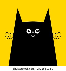 Cute cat kitten face head. Curly moustache. Black silhouette icon. Cartoon pet character. Funny kawaii animal. Flat design. Tshirt, greeting card, sticker print, banner. Yellow background. Vector