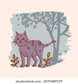 Cute cat, kitten with floral plants and flower on background vintage hand drawn vector illustration.