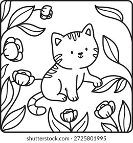 Gato bonito ou gatinho no jardim. Página de coloração arrojada e fácil. Ilustração de gato bonito