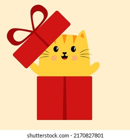 El gato o el gatito se esconden en la caja de regalo roja. Caricatura, colección de animales. Ilustración vectorial de gatito gracioso en regalo de cumpleaños