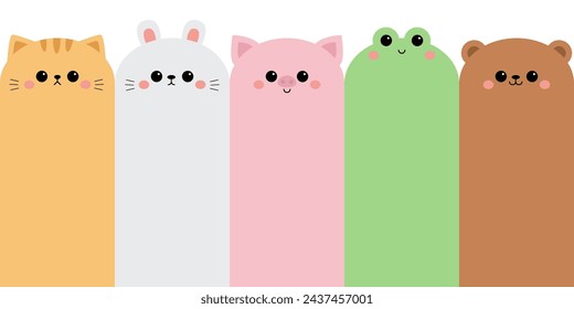Cute cat kitten kitty, rabbit bunny hare, bear, pig, frog standing. Cute face icon set. Paper sticker. Cartoon kawaii animal funny character. Contour line doodle. Flat design. White background Vector