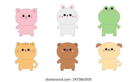 Cute cat kitten kitty, rabbit bunny hare, bear, dog puppy, pig, frog standing. Cute face icon set. Cartoon kawaii animal character. Funny baby. Contour line doodle. Flat design White background Vector