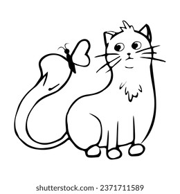 Cute cat, kitten in line doodle style emotional character isolated on white background. Comic Pet drawing.