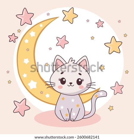 Cute Cat or Kitten with moon and Sparkling Stars. Kawaii lovely Cat illustration for kids design prints, posters, t-shirts, stickers