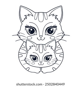 Cute cat with kitten. Mother hugging child. Black and white linear drawing on white background. Mother's day. For children's design of coloring books, prints, posters, cards, stickers, puzzles, etc. V