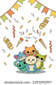 Cute Cat kitten or Cat on happy birthday card template. Happy birthday card design with cute kawaii kitten. cat with congratulations and a gift box in hand