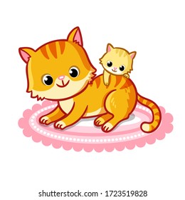 Cute cat with a kitten on a white background. Vector illustration with pets in cartoon style. Mom and baby.