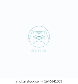 Cute cat or kitten. Pet Care Logo, Emblem. Animal Care. Minimalistic Outline round Icon. Cartoon style, thin line stroke design. Trendy Vector illustration. Icon is isolated on a white background