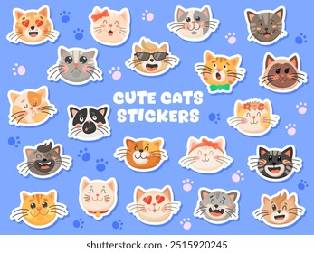 Pegatinas lindas del gato gatito del animal doméstico de caras divertidas del hocico, maullido del Vector e iconos de la pata. Gatos de dibujos animados para niños y pegatinas de gatitos con sonrisa feliz en la cara, ojos de corazón de amor y risa funky para emoji emoticones