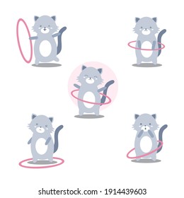 Cute Cat Kitten Playing Hula Hoop Poses Cartoon Character