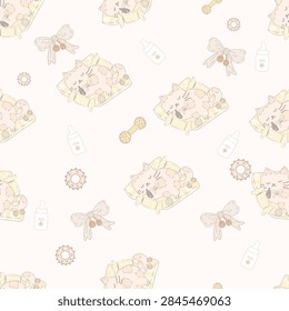 cute cat, kitten, seamless pattern, sleeping cat, pet, bow, milk bottle, bone, pastel, nursery, baby, cartoon, background, texture, fabric, repeat, vector, textile, sweet, animal
