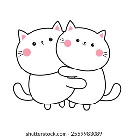 Cute cat kitten set hugging Love couple family. Hug, embrace, cuddle. Line contour silhouette. Kawaii funny cartoon character. Happy Valentines day. Greeting card. White background. Flat design Vector